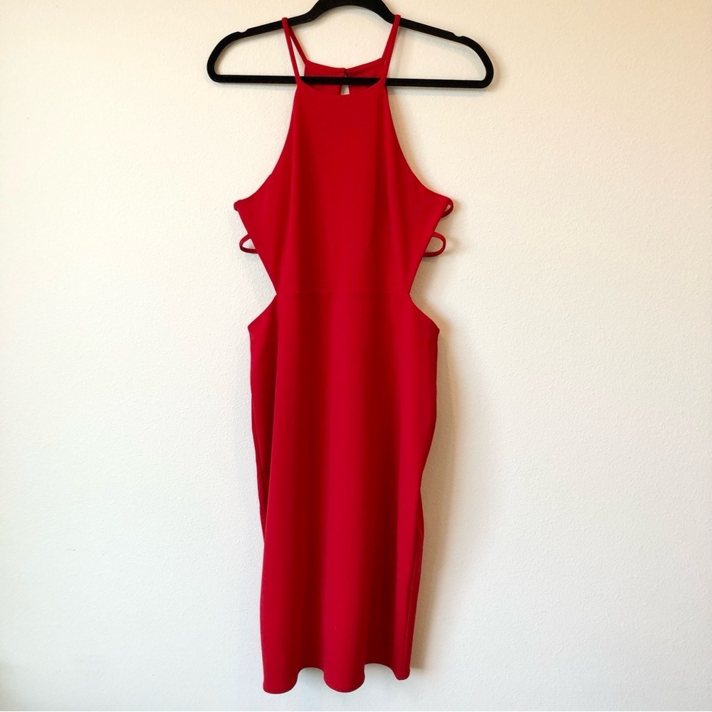 Express Red High Neck Bodycon Midi Dress with Side Cutouts Size M